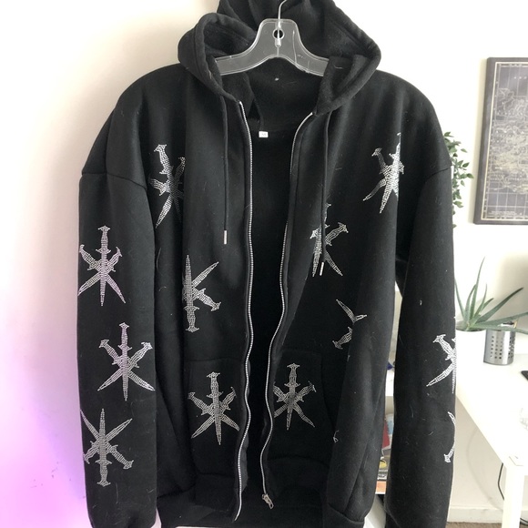 Y2K zipup w rhinestone sword graphic - Picture 1 of 2